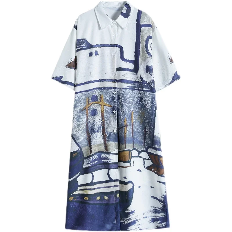 Grande taille rétro imprimé décontracté Midi irt Dr femmes été Faion minceur coréen Sle trajet motif abstrait unique Bu...