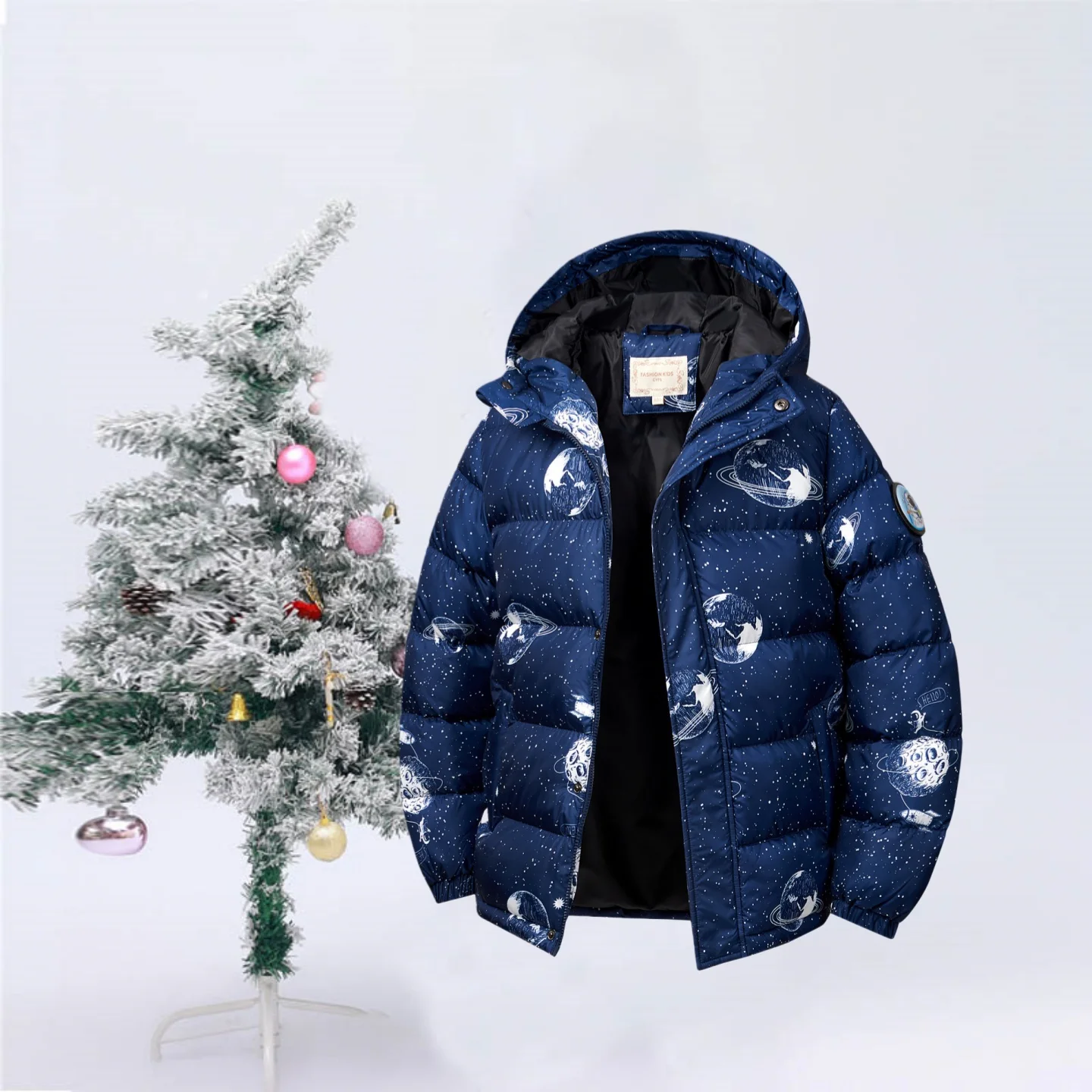 

Teenager Kids Space Print Cotton Padded Outwear Children Garment Boys Girls Winter Thick Warm Windproof Cotton Content Coat