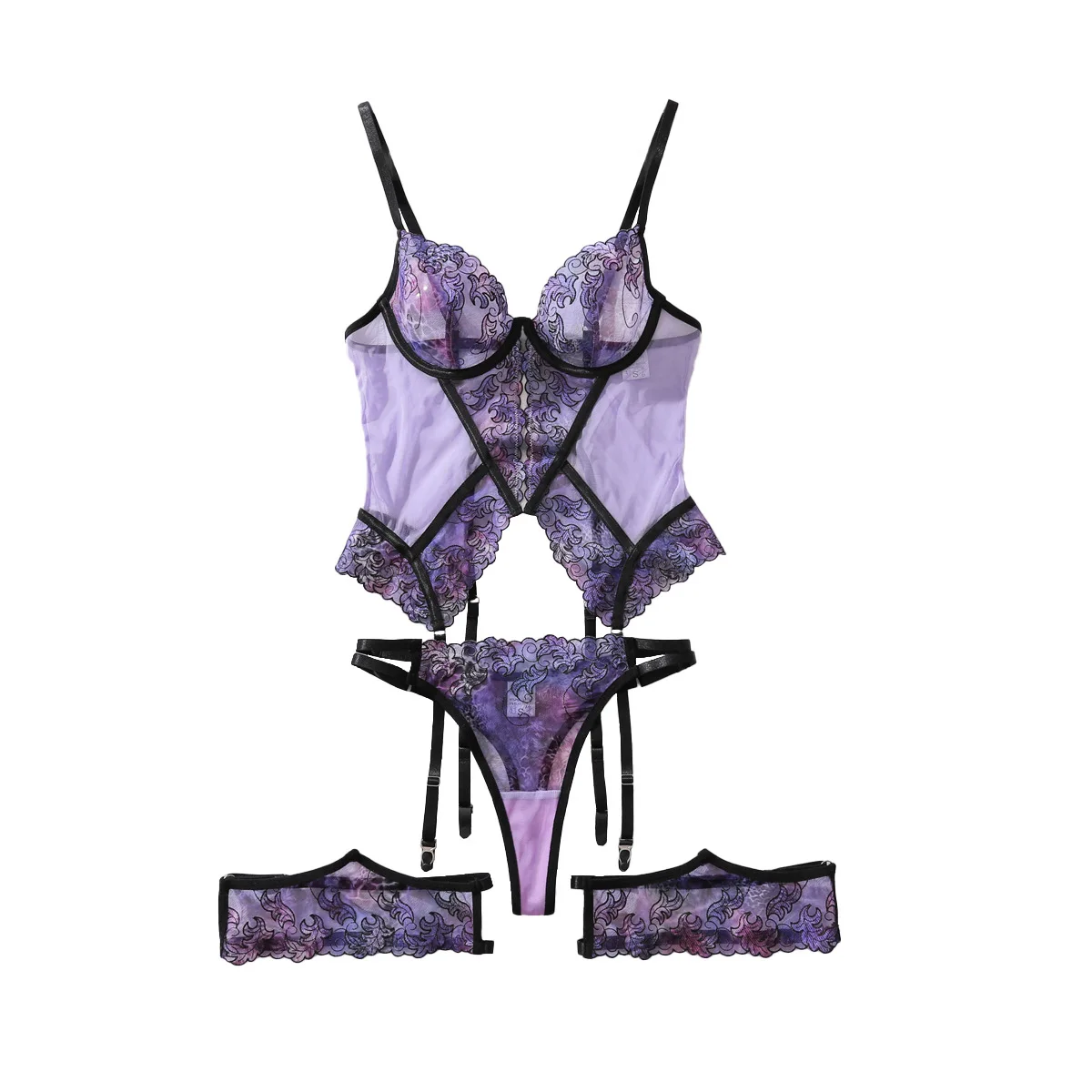 Сексуальный кружевной бюстгальтер и трусики, фиолетовый комплект с цветочной вышивкой, сетка на косточках, экзотические комплекты с подвязками, интимный костюм из трех предметов
