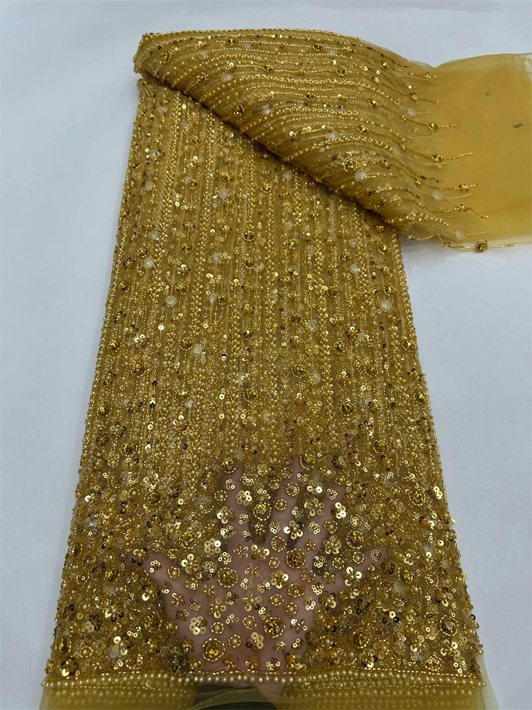 

New Design African Heavy Beaded Tulle Lace Fabric 2026 High-Quality Nigerian Sequin Lace Fabric for Party Dresses