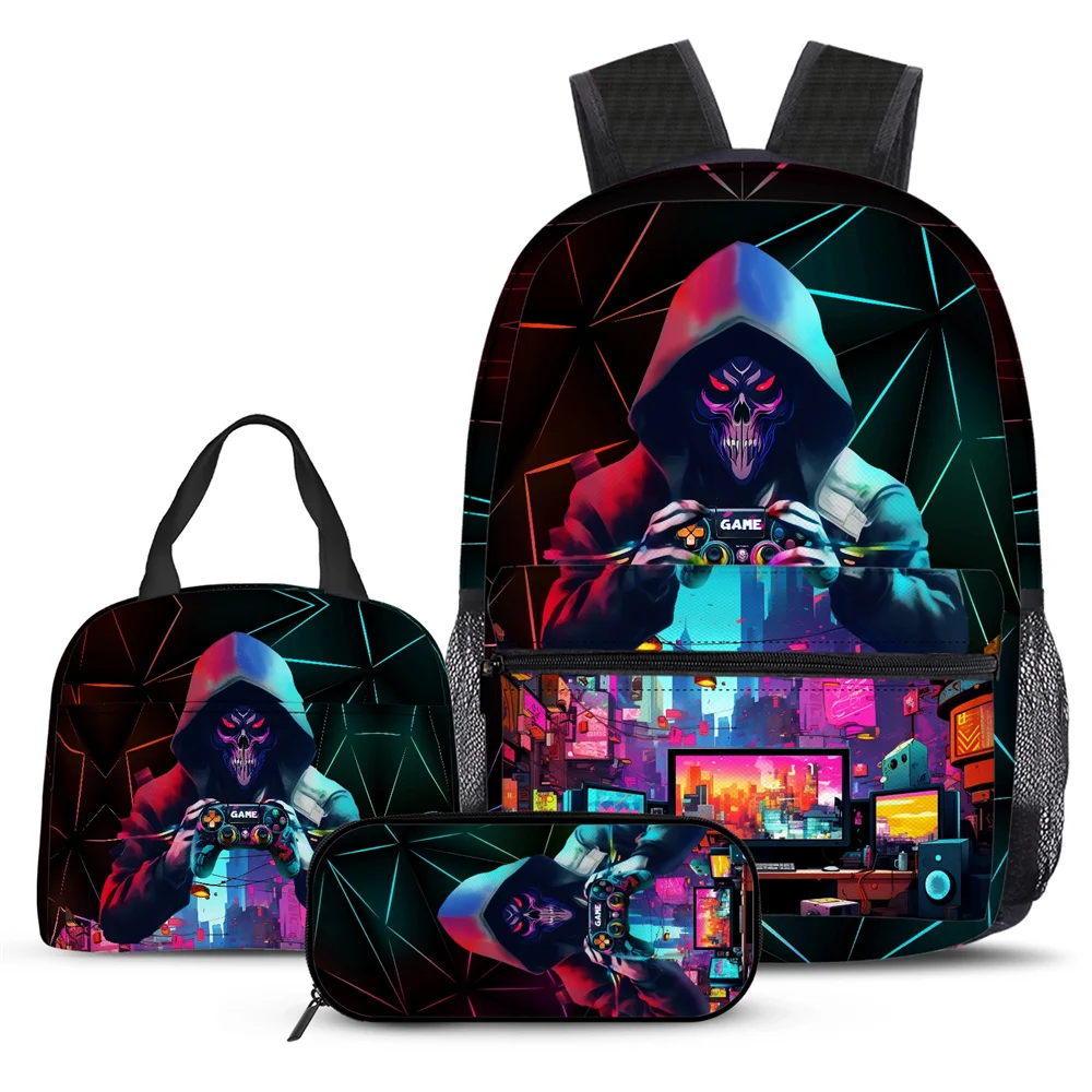 3 Piece Set Game Controller Graphic Backpack - with Lunch Bag Pencil Case -Travel-Ready Laptop Compartment - Large Capacity