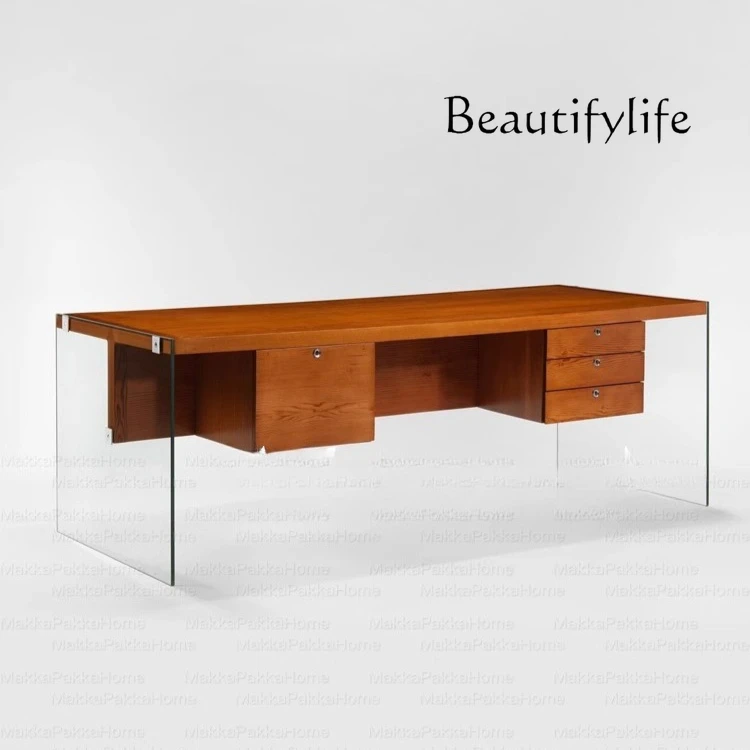 

Medieval style solid wood glass desk home retro style light luxury advanced sense study computer desk desk