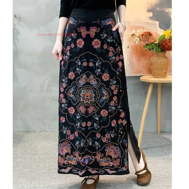 

Китайская винтажная юбка 2025 года, восточная традиционная хлопково-льняная жаккардовая юбка с цветочной вышивкой, прямая юбка в стиле ретро с эластичной резинкой на талии