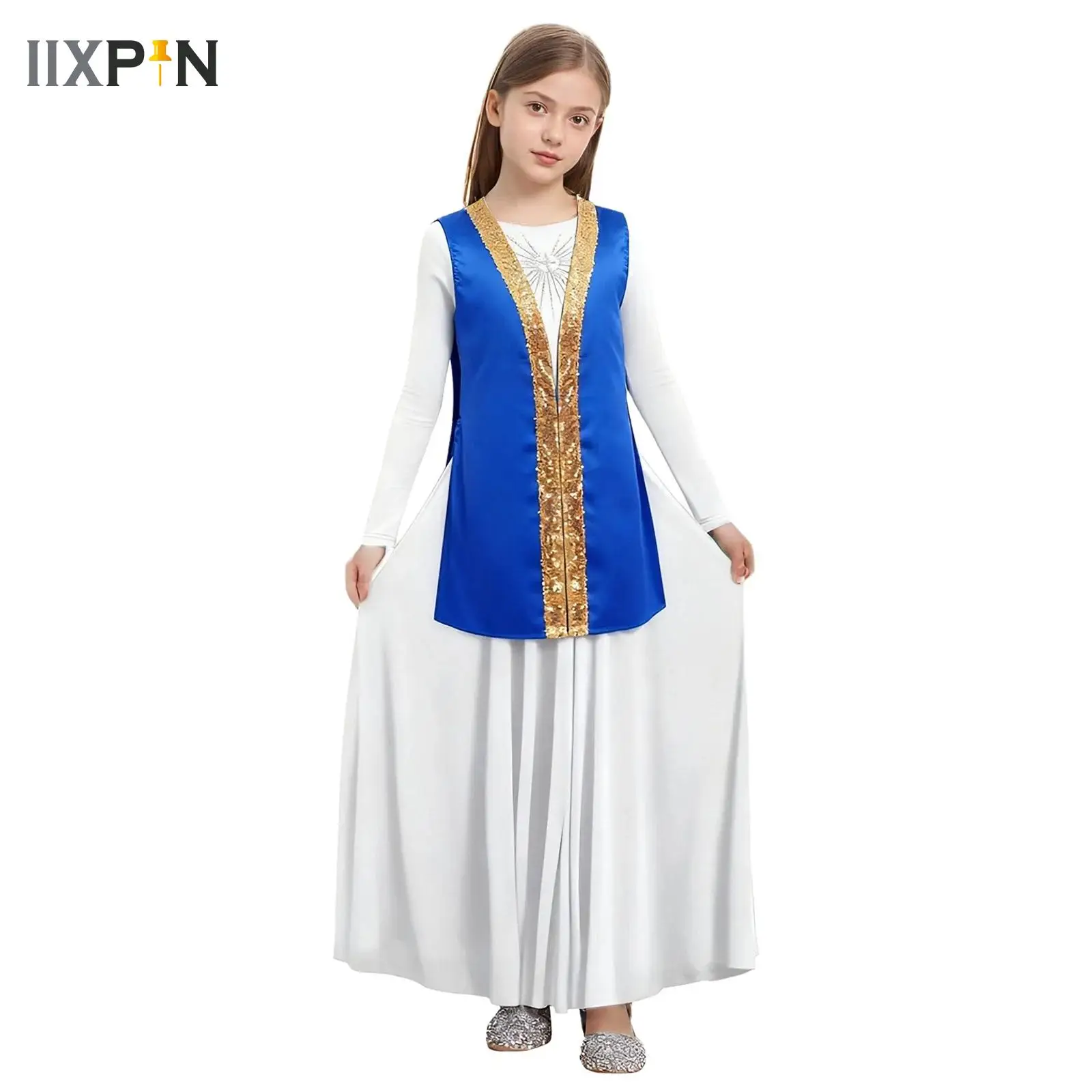 

Kids Girls Liturgical Praise Costume Sleeveless Sides Split Satin Worship Robe with Ballroom Dance Maxi Dress for Lyrical Choir