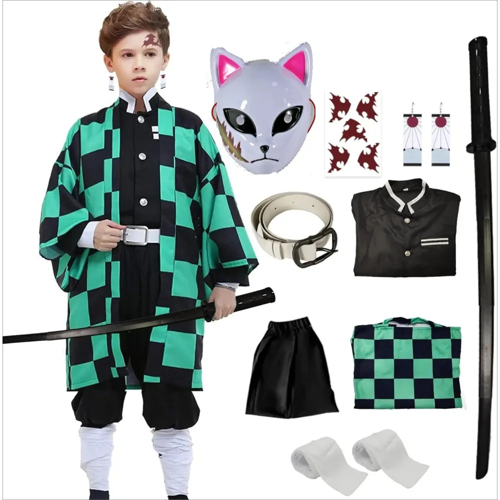 

Costume Cosplay Anime Kamado Tanjirou Demon Slayers Kimetsu Yaiba Cosplay Costume katana Mask Kimono Cloak halloween Uniform