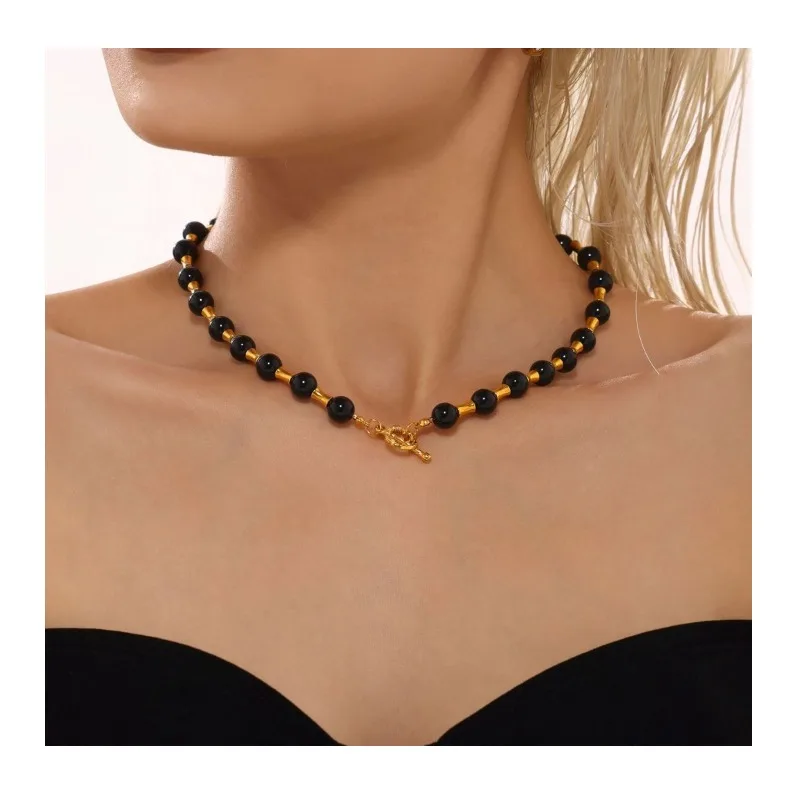 

Seattle Light Luxury Natural Stone Tiger's Eye Stone Bead Stainless Steel Bamboo Buckle Clavicle Necklace Fashion Neck Chain Jew