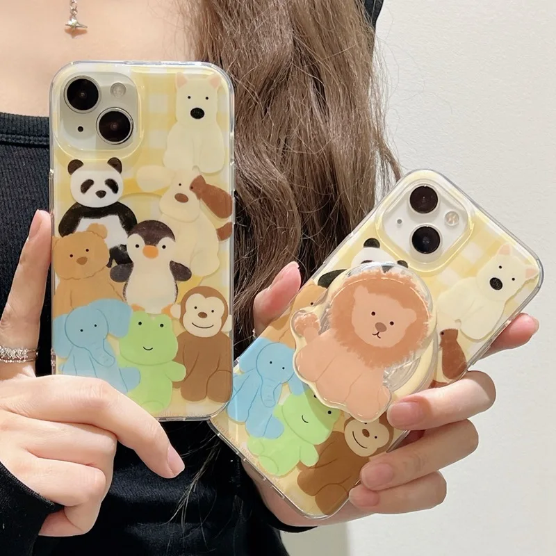 Magnetic grid animal collection phone case with holder For iPhone 11 12 13 14 15 16 pro max