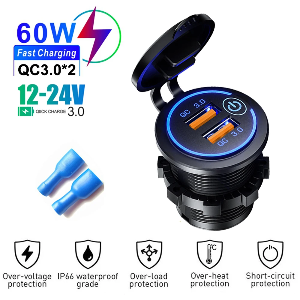Auto Ladegerät QC3.0 Dual USB Zigarette Leichter Buchse Wasserdicht Mit Touch Schalter Schnell Lade Adapter 12/24V Auto zubehör