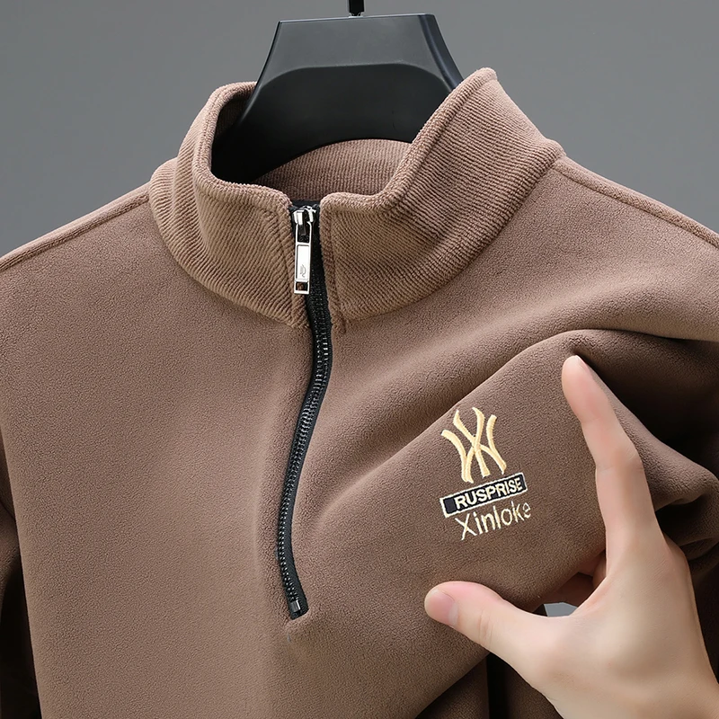 Designer Brand Men's Long-Sleeved T-Shirt Stand Collar Fleece-Lined Thickened Exquisite Embroidery New Winter Leisure Men's Tops