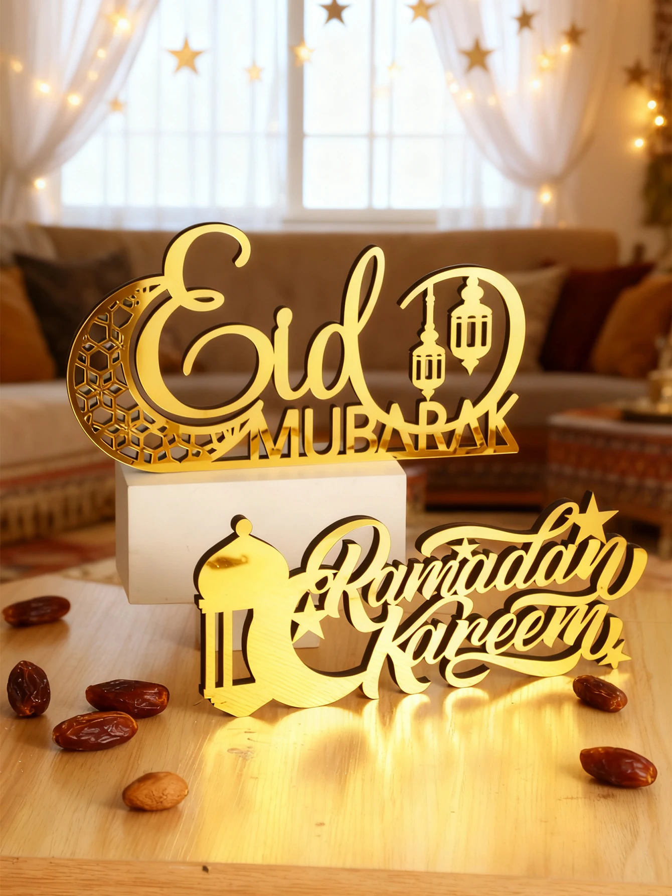Ramadan Decor Eid Mubarak Table Ornament with Moon Star Lantern Golden Acrylic Islamic Home Decoration & Gift for Ramadan Kareem