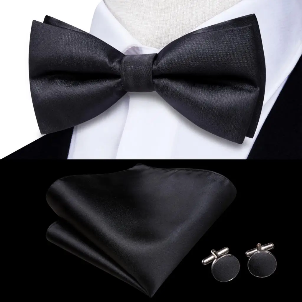 

Hi-Tie Solid Black Mens Bow Tie Hankerchief Cufflinks Pre-tied Silk Butterfly Knot Bowtie for Male Business Party Wholesale