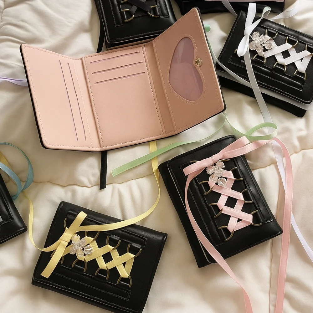 

Korean Style Balletcore Three Fold Wallet Silk Ribbon Short Bow Cash Purse Bag Heart Crystal PU Leather