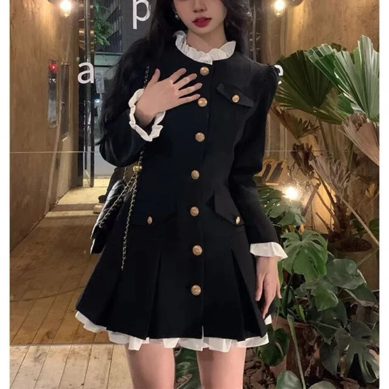 Women Autumn Korean New Doll Neck Pleated Skirt Fashion Chic Sweet Youth Style Solid Button Ruffle Edge Long Sleeve A-line Skirt