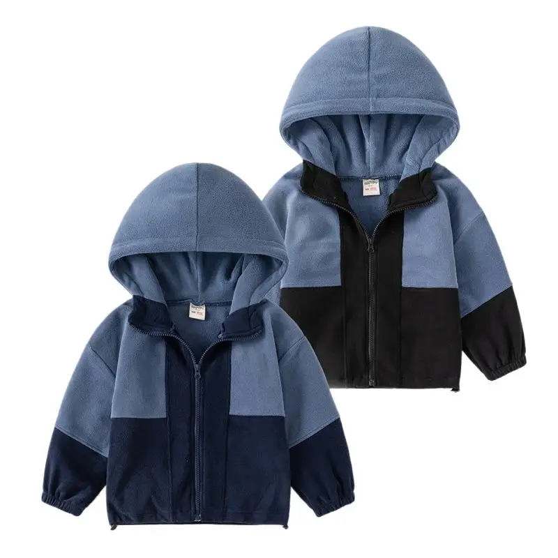 

2024 Autumn Infant Boy Outerwear Coat Cotton Fleece Thicken Hooded Baby Boy Jacket Ins Spliced Long Sleeve Zipper Kids Boy Coats