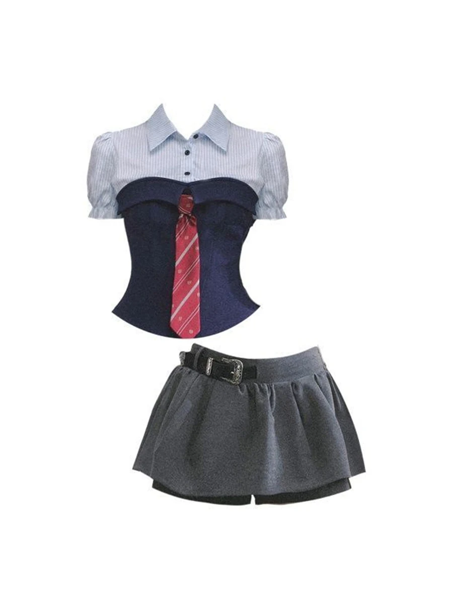 

American Style Short Sleeve Shirt And Skirt Set Color Block Slim Fit Summer New plus Size Fat MM Half Body Skirt Ensemble