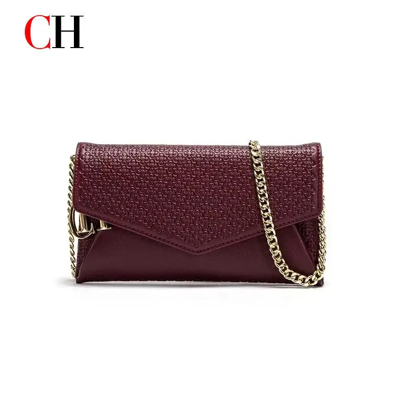 CH Fashion Women's Crossbody Bag Textured Leather Clutch Gold Chain Logo Detail Evening Party Purse Hot Sale