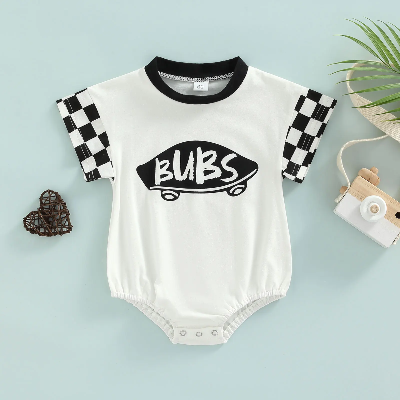 2022-05-07 Lioraitiin 0-18M Infant Baby Girl Boy Romper Plaid Short Sleeve Round Neck Cartoon Pattern Letter Print Jumpsuit