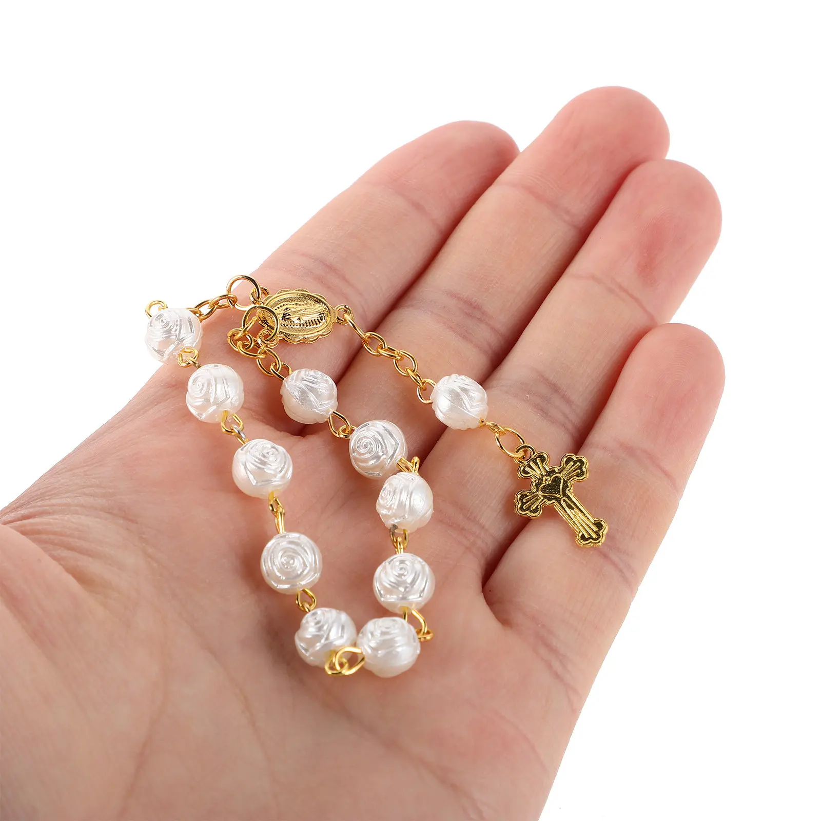 

4Pcs Miniature Rosary Beads Infant Handheld Prayer Chain Rose Pattern Elegant Keepsake for Holy Communion Baptismal Favors