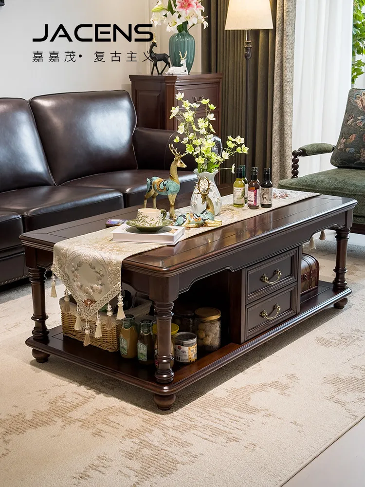American retro solid wood coffee table for living room - walnut finish, available in various sizes for small to large apartments