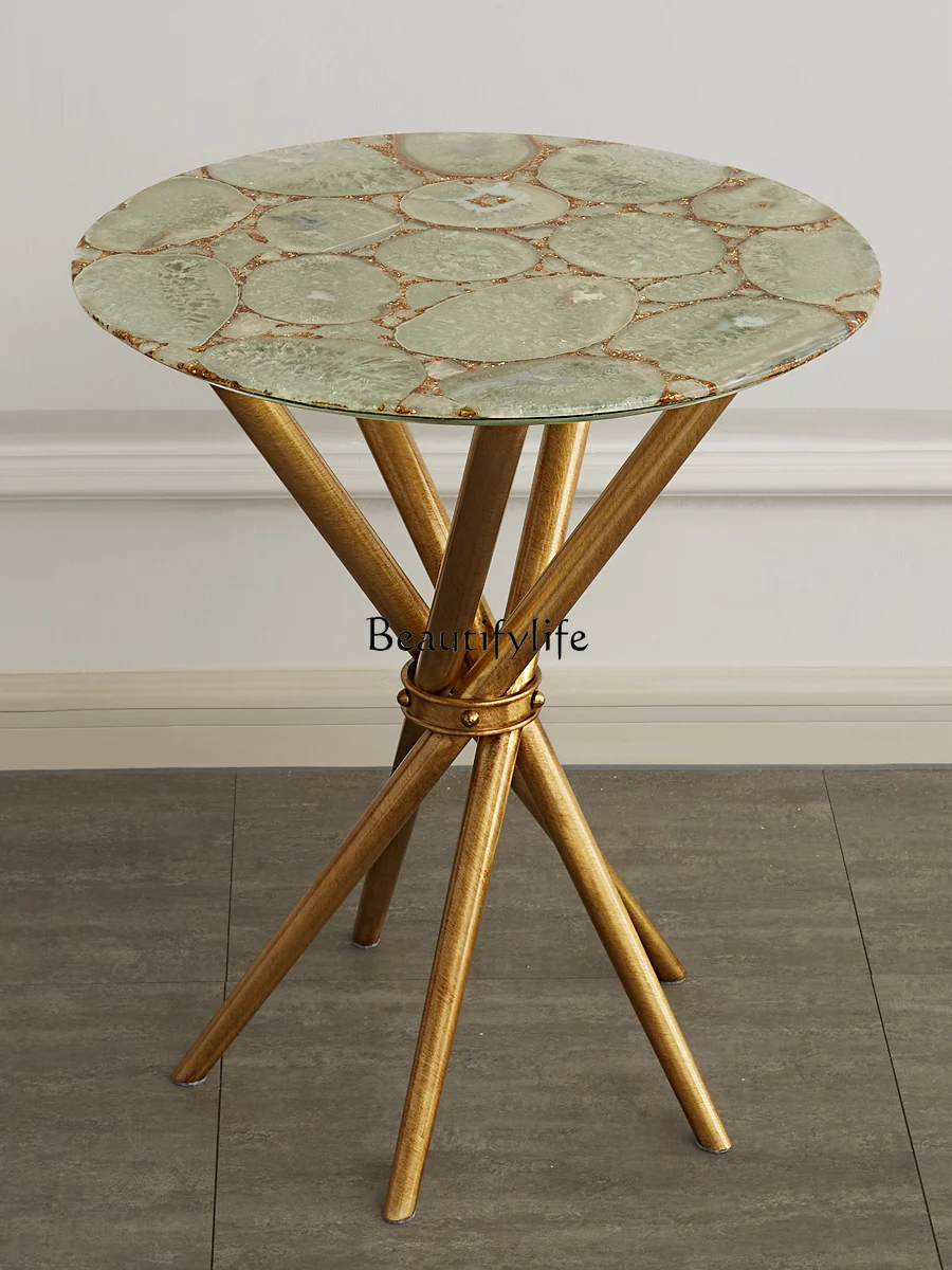 

French Retro Copper Fashion Simple Agate Stone Countertop Balcony Leisure Small round Side Table