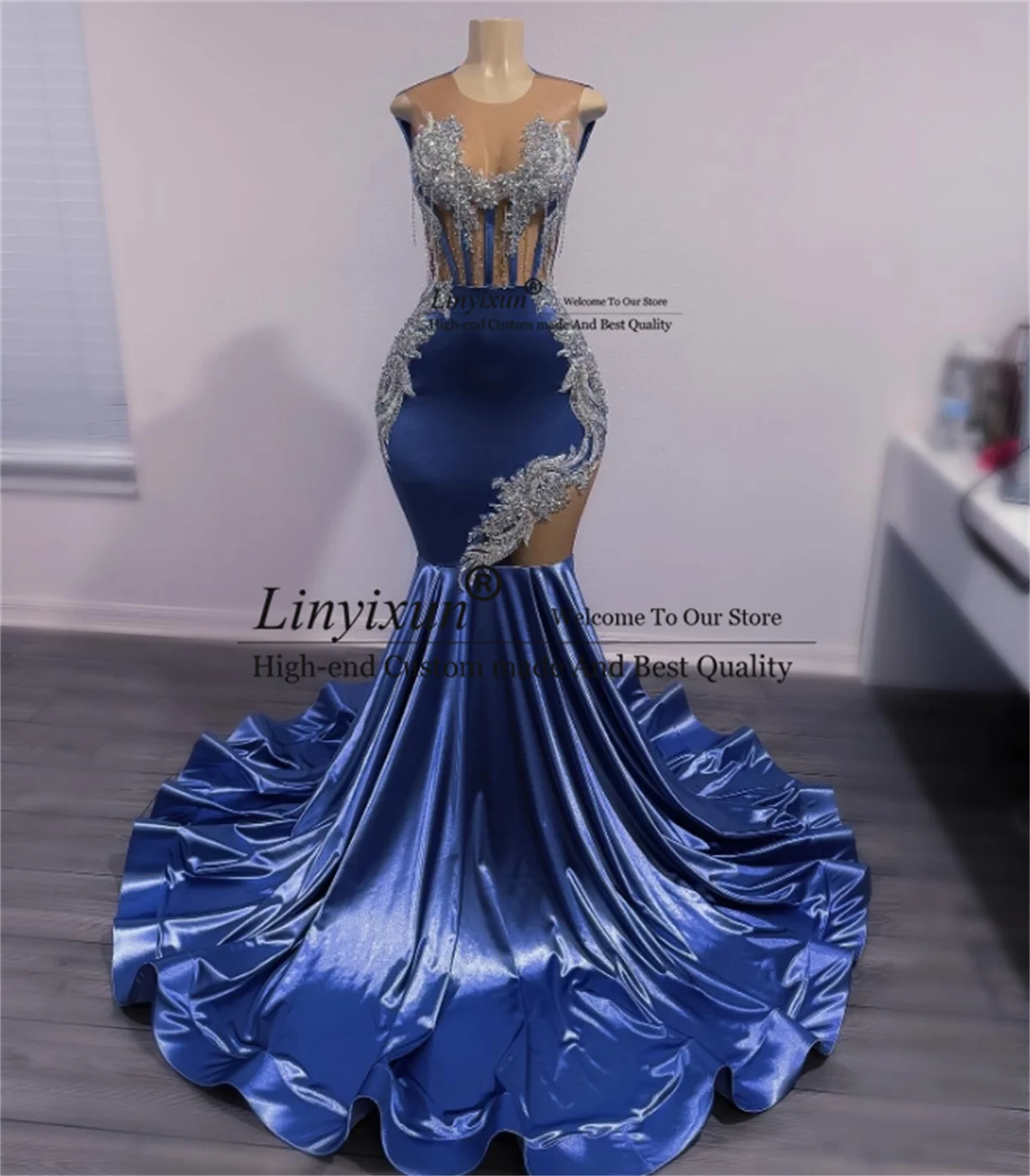 Glitter Diamonds Mermaid Prom Dress Luxury Rhinestones AppliquesLaceEvening Gala Gown  Customized Formal  Birthday Party Dress