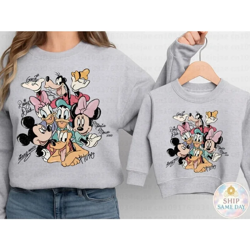 

Новый свитер с круглым вырезом Disney Mickey Mouse Donald Duck 2026 для мальчиков и девочек, семейный, оверсайз, свободный крой, с длинными рукавами, толстовка с капюшоном для мужчин и женщин