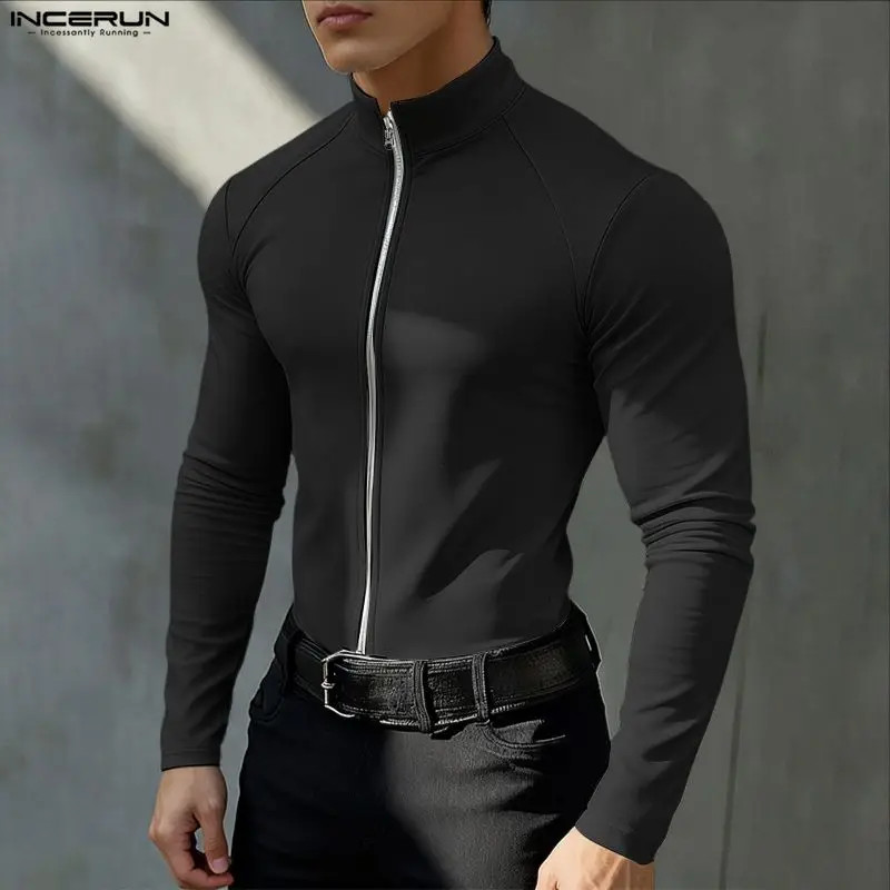 INCERUN Männer T-shirt Rollkragen Lange Sleeve Zipper Casual Männlichen T Tops Streetwear Fashion Freizeit Männer Kleidung Camisetas S-5XL