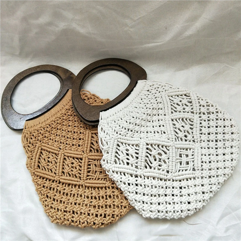 

SHINE Korea Style Cotton Rope Weaving Hollow Out Handbags for Women Nich Wood Handle Ladies Wallets Beach Designer Bags