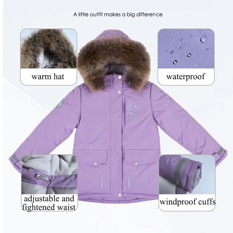 الشتاء الاطفال رشاقته مقنعين سنوسويت الدافئة سترات معطف بياقة من الفرو + بذلة 2 قطعة ملابس الأطفال الصبي بدلة الثلوج