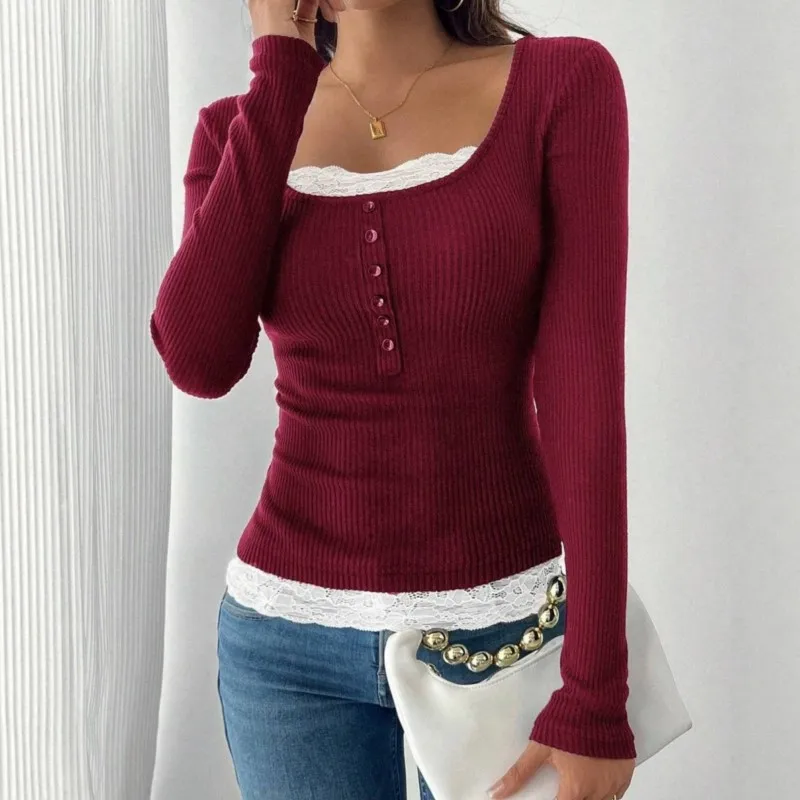 2026 New Women's Autumn And Winter Top With Solid Color Lace Splicing Slim Fit Sexy Comfortable Square Neck Retro And Niche Top