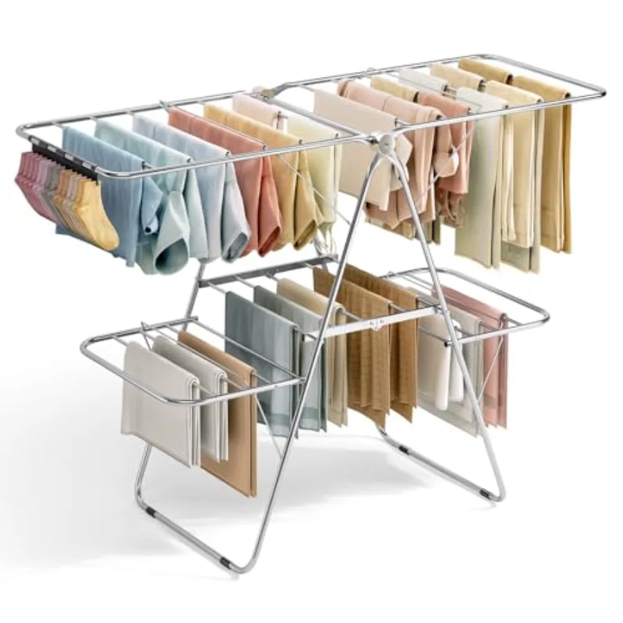 

Height-Adjustable Foldable Stainless Steel Clothes Drying Rack with Sock Clips for Indoor Outdoor Use Metal Connectors No Assem