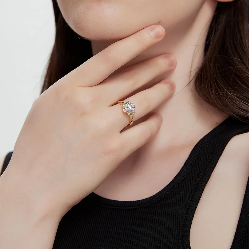 3CT Flower Shaped CZ Engagement Ring for Women, 18K Yellow Gold Plated Floral Solitaire Wedding Promise Band, Luxury Fine Jewelry for Anniversary & Holiday Gifts 5