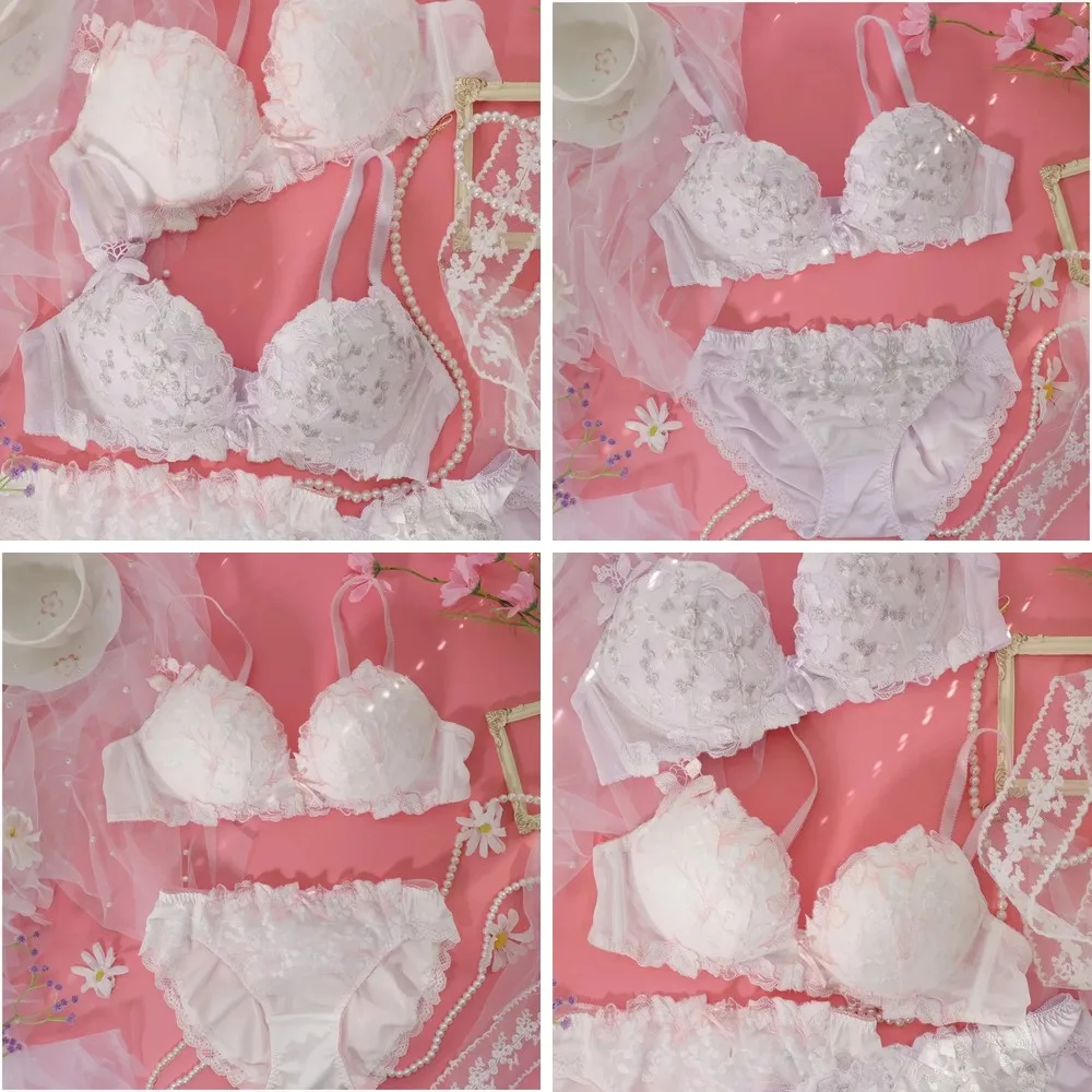 

Low Chicken Heart Side Collection Sweet Embroidery Floral Bra Set for Women, No Steel Ring, Comfortable Wirefree Underwear