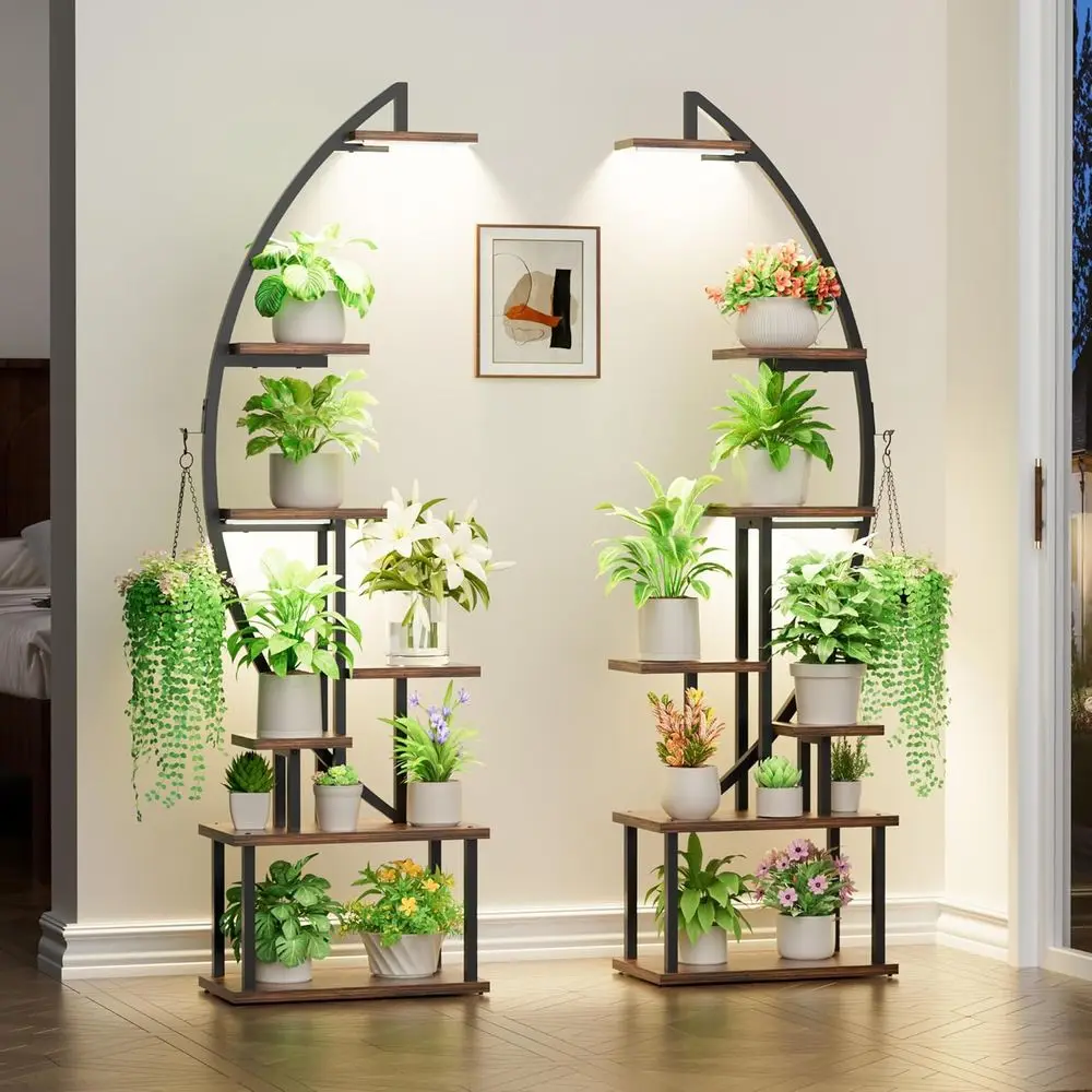 

7-уровневая подставка для комнатных растений с подсветкой для выращивания растений, большие многоуровневые стойки, 2 шт., угловые подставки для цветов с подсветкой в форме полумесяца, высокий черный