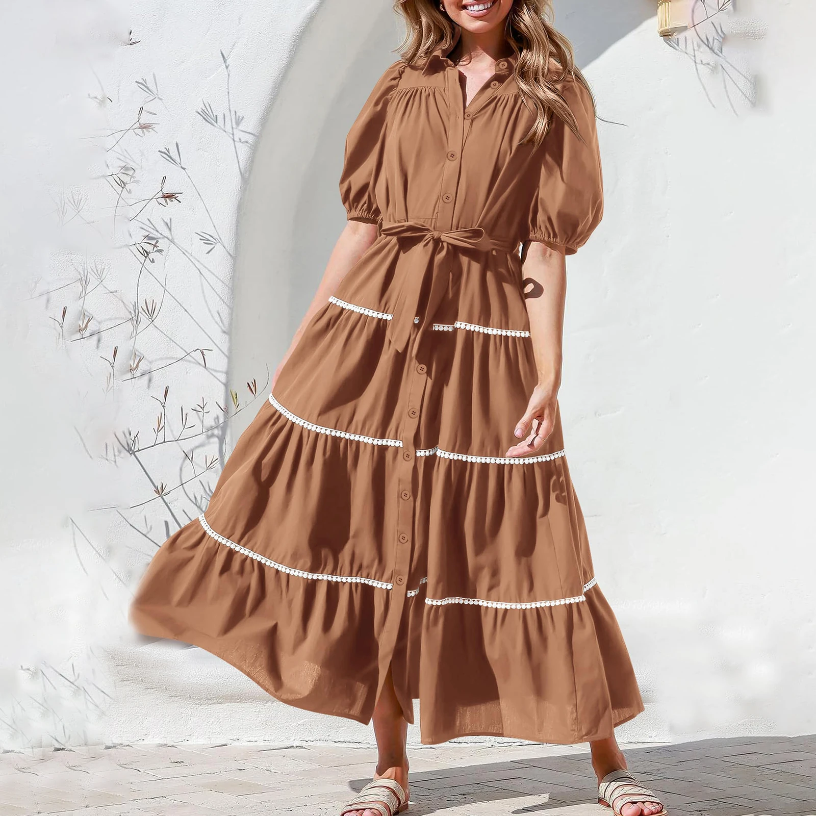 Vestido de camisa de verão feminino, Manga curta inchada, Ruffle Flowy Maxi Vestidos em camadas