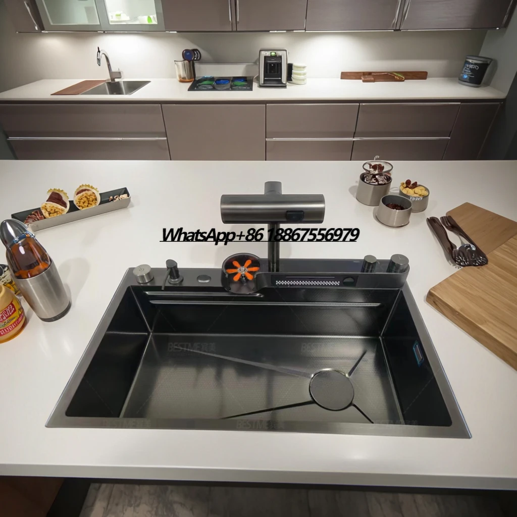 

Stylish Kitchen Sink Faucet Set 304 Stainless Steel Multi-Functional Waterfall Tap with Single or Double Bowl Option