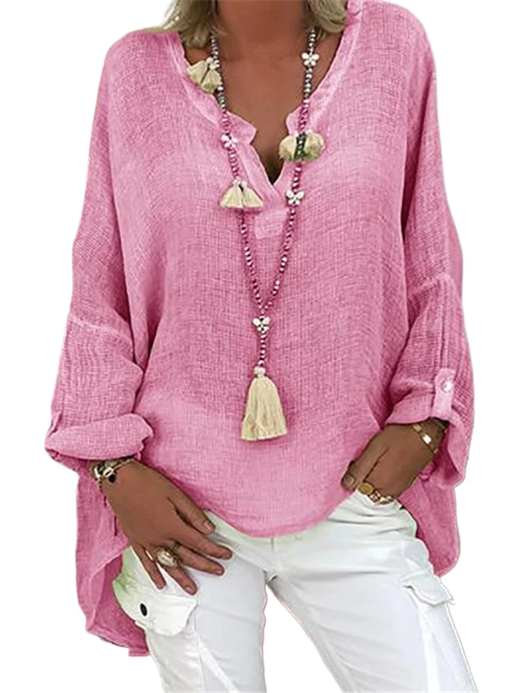 

Plus Size Women's Summer New V Neck Solid Top Casual Women Linen Shirt Round Neck T-shirt Short Sleeve Tops Loose Blouse