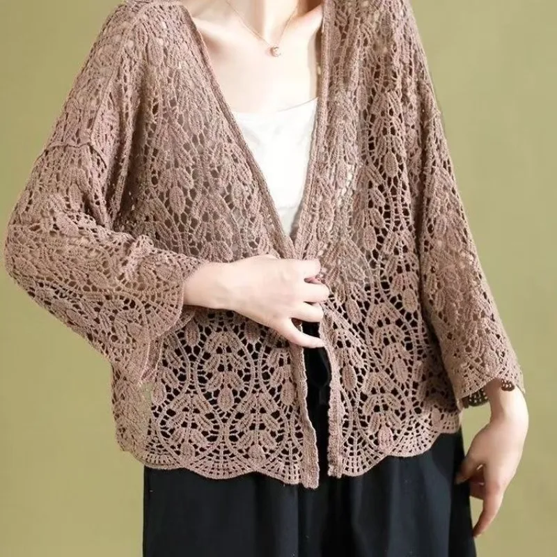 Cárdigan hueco de punto fino para mujer, Top de moda coreana, camisa corta suelta con protección solar con aire acondicionado, novedad de primavera
