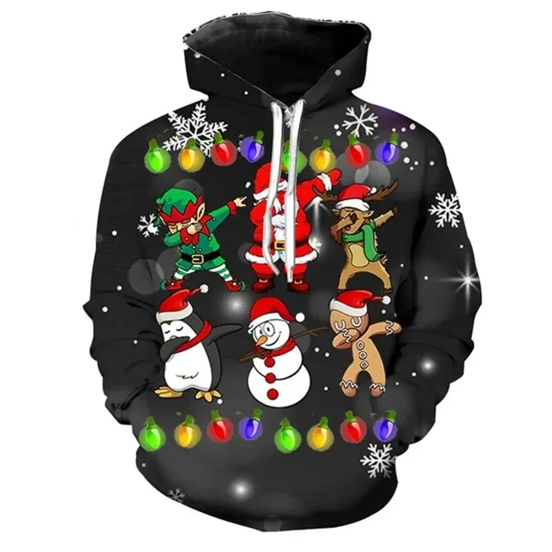 2025 3D Printed Merry Christmas New Sportswear Santa Claus Snowman Printed Polyester Fiber Long Sleeve Hoodie
