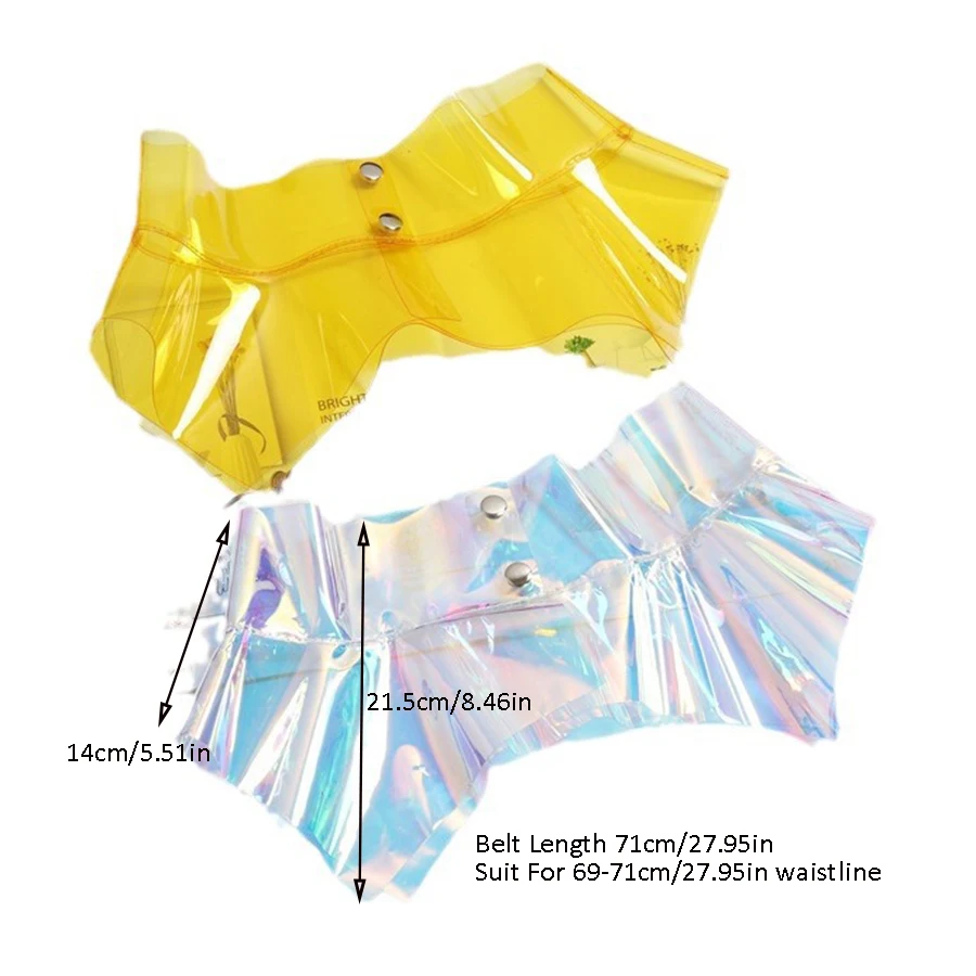 Saia de cintura transparente colorida a laser para meninas Estilo Y2K Irregular Cinto largo Decoração de babados Vestido de espartilho Clube noturno Moda em PVC