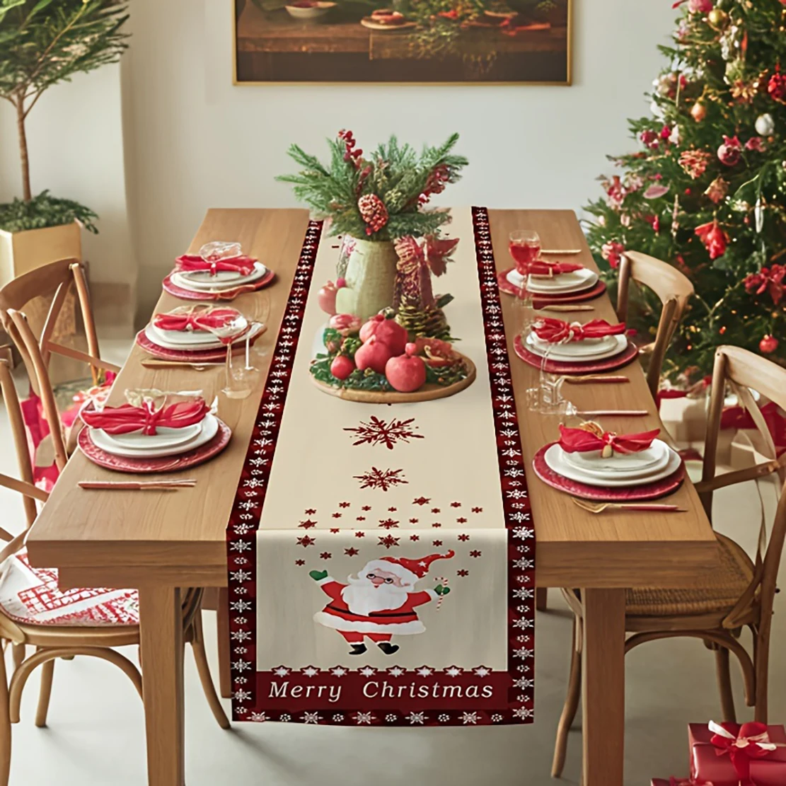 Christmas Table Runner, Polyester Fabric with Santa Claus Design, Woven Holiday Table Decor, Solid Color Square Shape