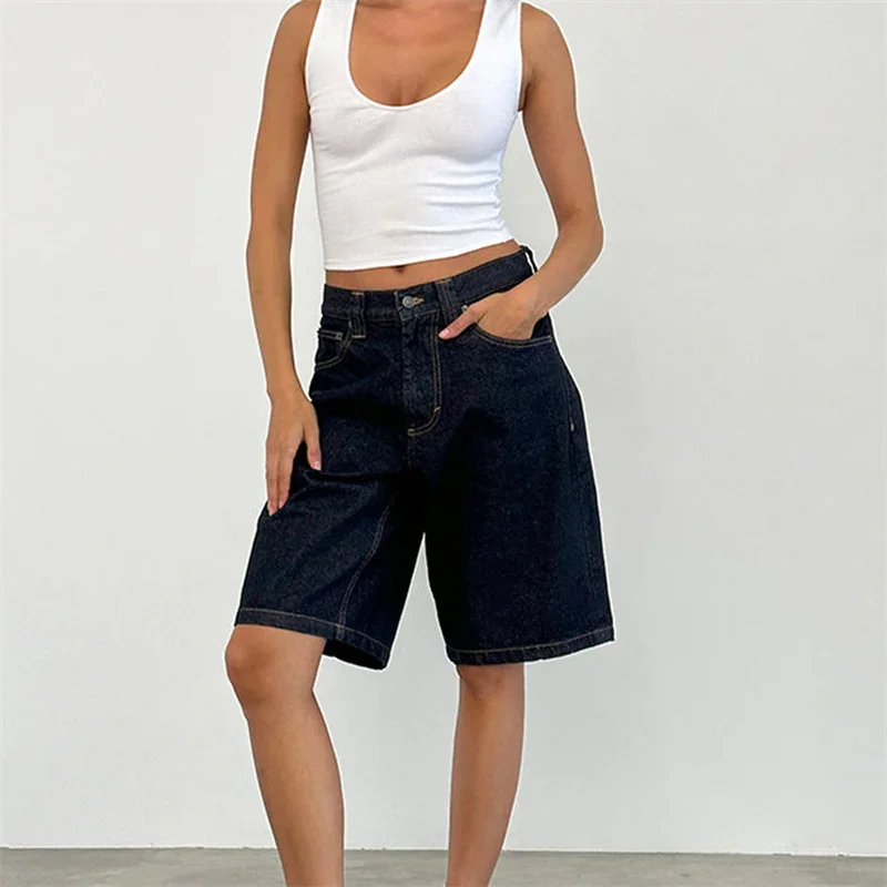 

2000s Jean Shorts y2k Women Clothes Summer Zipper Low Rise Wide Leg Knee Length Denim Hot Pants with Pockets Casual Streetwear