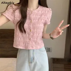 Short-sleeve Shirts Women Sweet Folds Fashion Summer Solid All-match Female Temperament Korean Style Tender Casual Aesthetic Ins