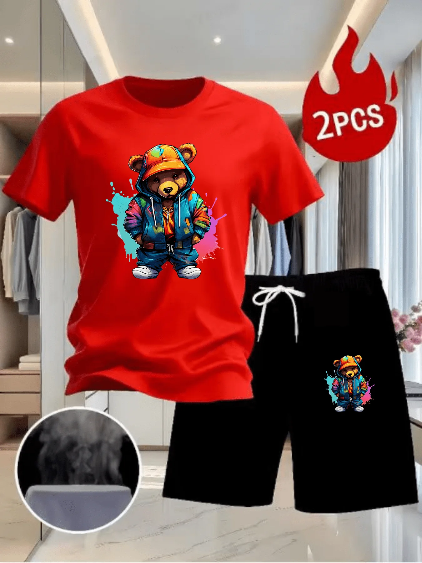 Men Summer 2Pcs High Street Tracksuit Colorful Graffiti Bear Print Short Sleeve T-Shirt + Shorts Casual Sports Outfit view 3