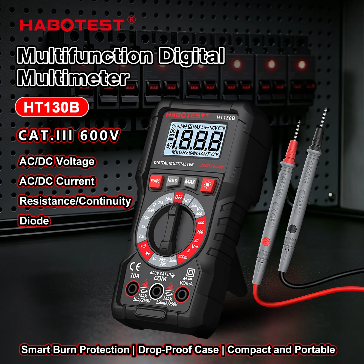HABOTEST Portable Digital Multimeter 2000‑Count CATIII600V AC DC Voltage Current Resistance Diode Continuity Tester