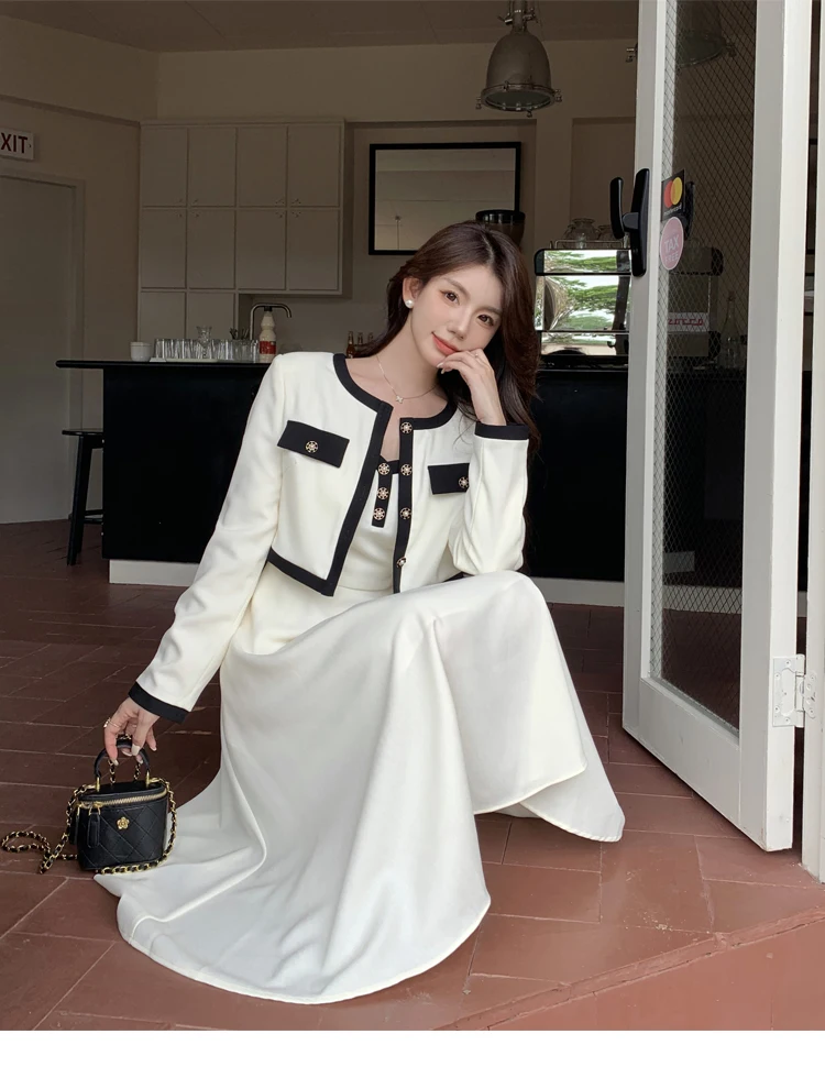 Elegant Spring Autumn Two Piece Set Women Long Sleeve Short Blazer Coat + Fashion Button Deco Spaghetti Strap Midi Dresses Suits