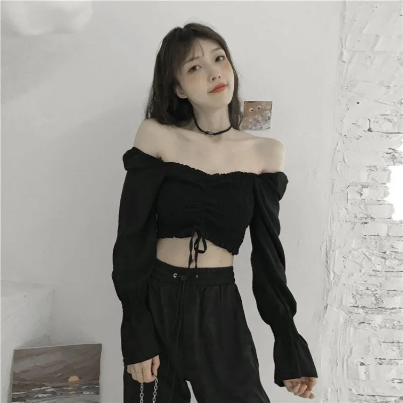 Crop Tops Blouses Women Shirring Tender Flare Sleeve Fashion All-match Spring Summer Ulzzang Gentle Holiday Casual Blusas Mujer