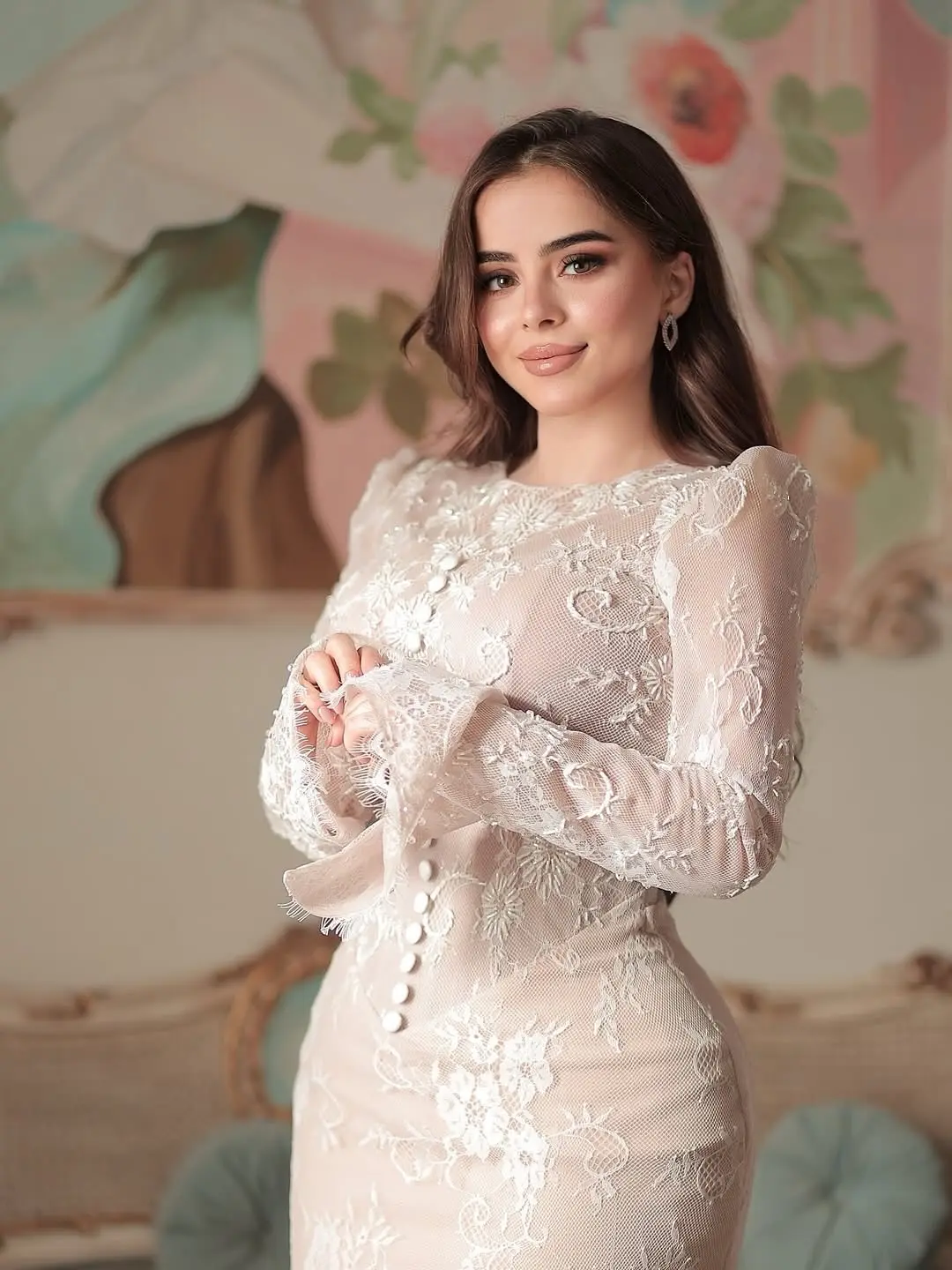 

Design Elegant O Neck Button Embroidery Full Sleeves Evening Dress Floor Length Mermaid Wedding Formal Party Dress Bridal Dress