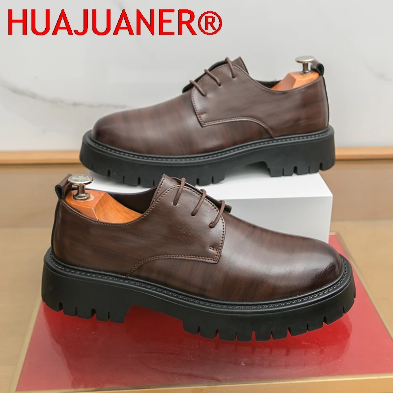 

Мужские кожаные туфли класса люкс больших размеров с круглым носком, на толстой подошве, увеличивающие рост, на шнуровке, для деловых встреч, свадеб и работы