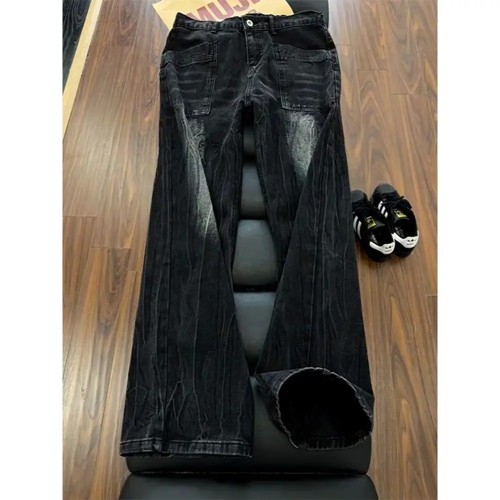

Washed Black Lightning Pattern Men's Jeans Slim Straight Tube Pants High Street American Style Autumn Fashionable Youth Jeans